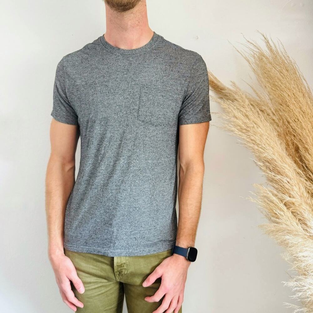 MENS PUBLIC OPINION Dark Grey White Slub Striped Short Sleeve Tee Shirt Top M